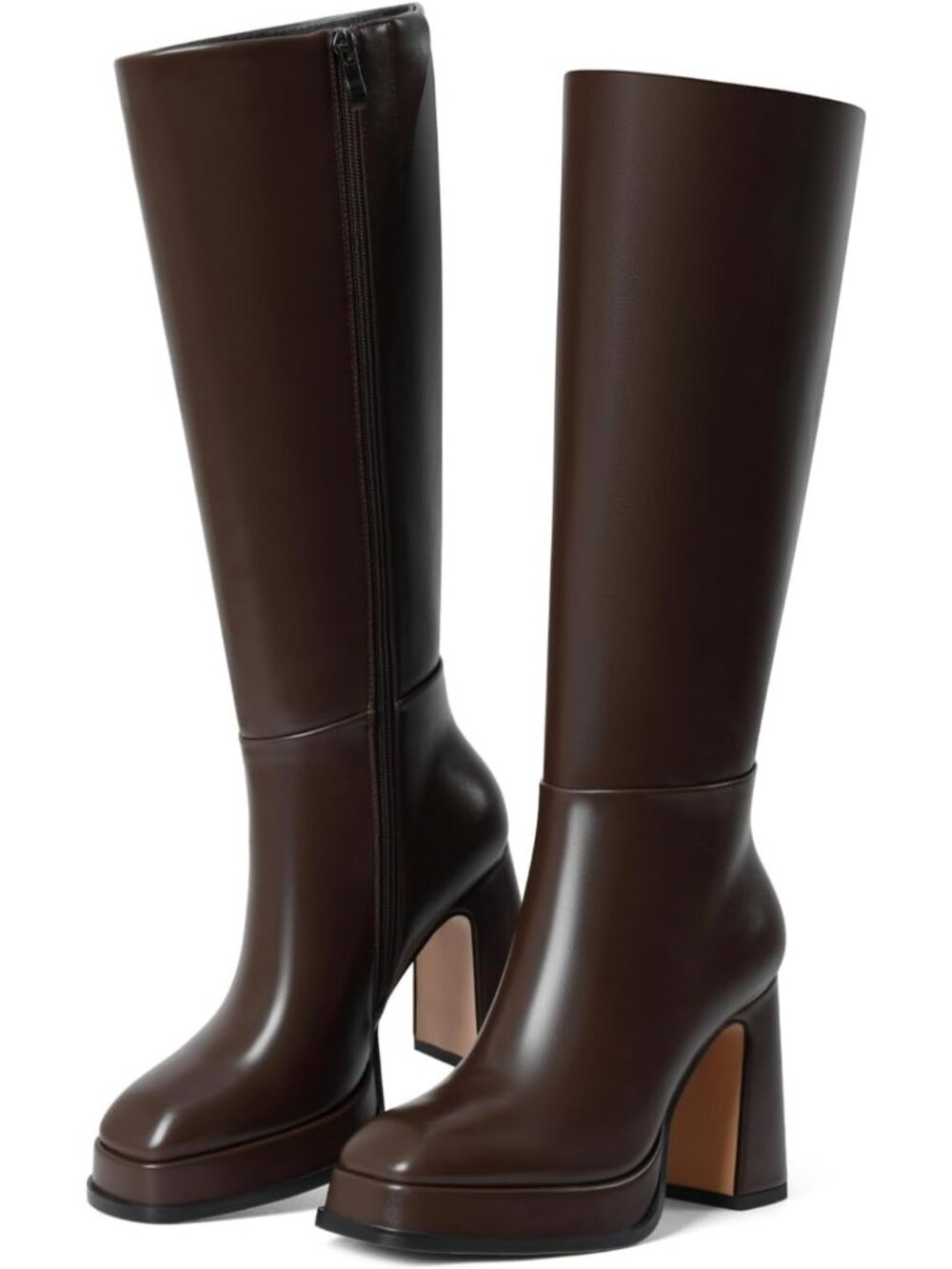 Women's Chocolate Tall Chunky Side Zipper Wide Calf Square Toe Knee High Boots
